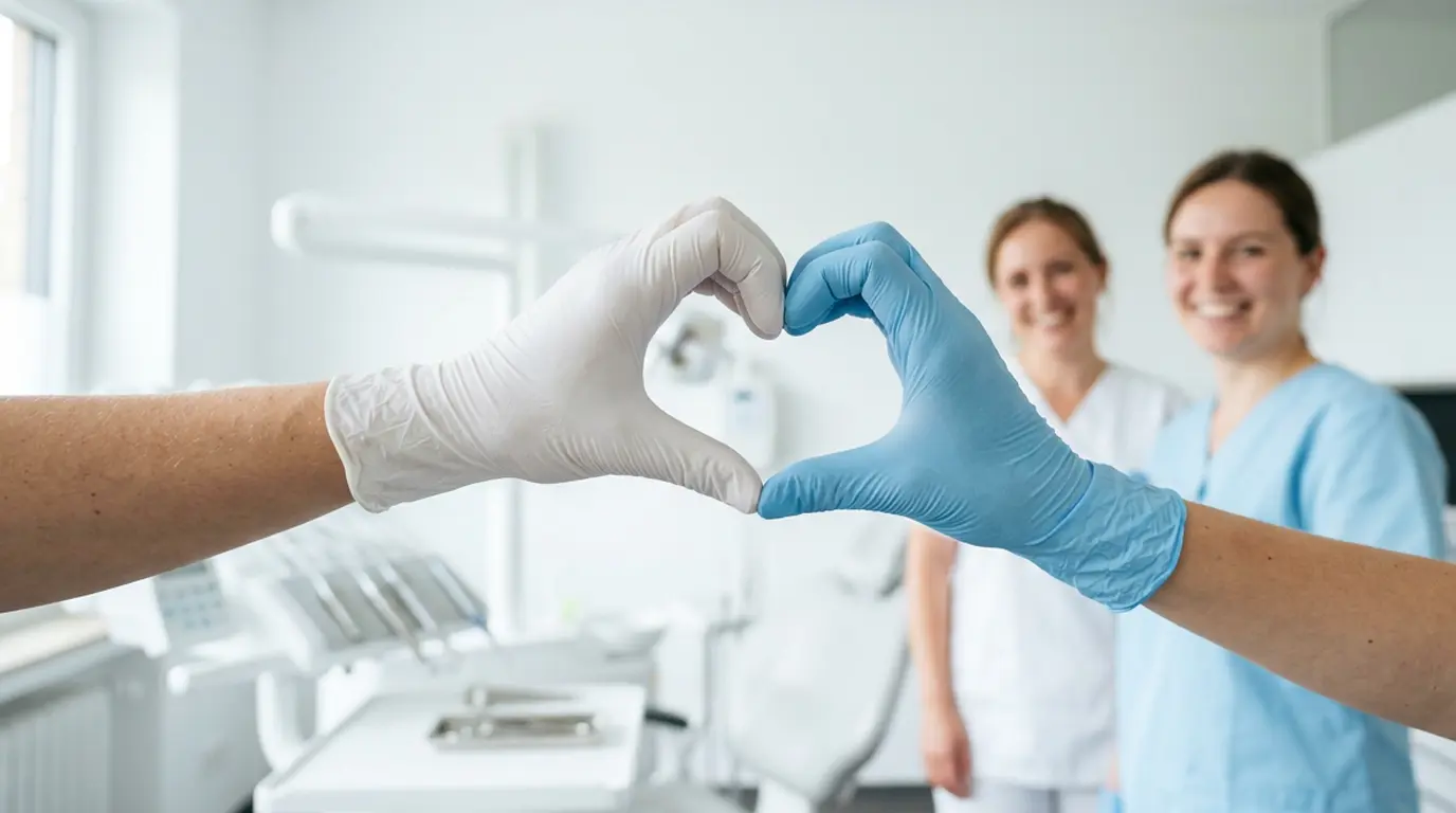 Zwei Hände mit blauem und weißem Handschuh formen ein Herz, im Hintergrund zwei Kolleginnen in der Zahnarztpraxis