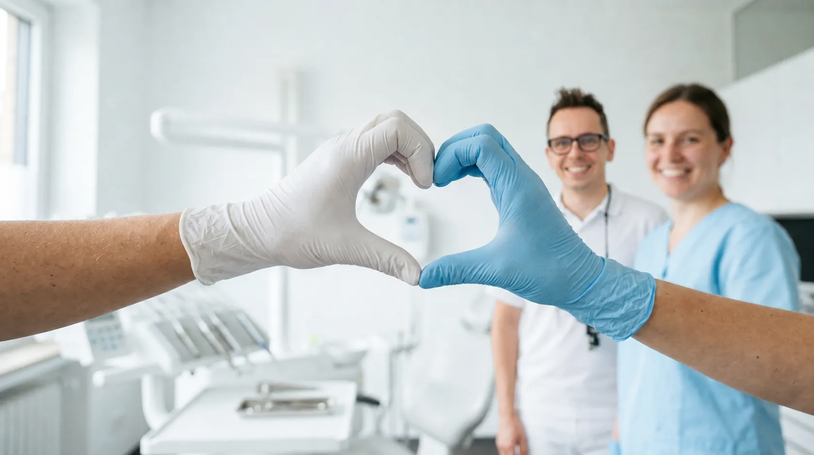 Zwei Hände mit blauem und weißem Handschuh formen ein Herz, im Hintergrund zwei Kolleginnen in der Zahnarztpraxis